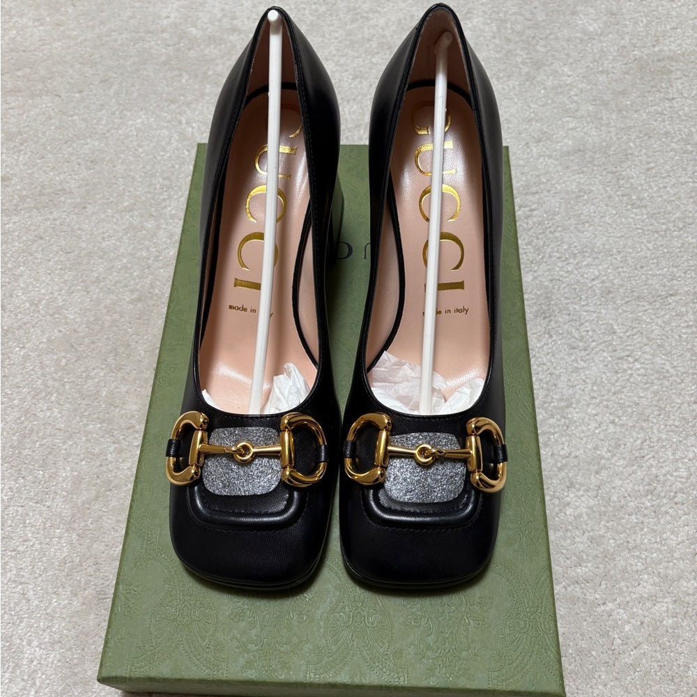 Gucci Black Heels with Gold Buckle Detail